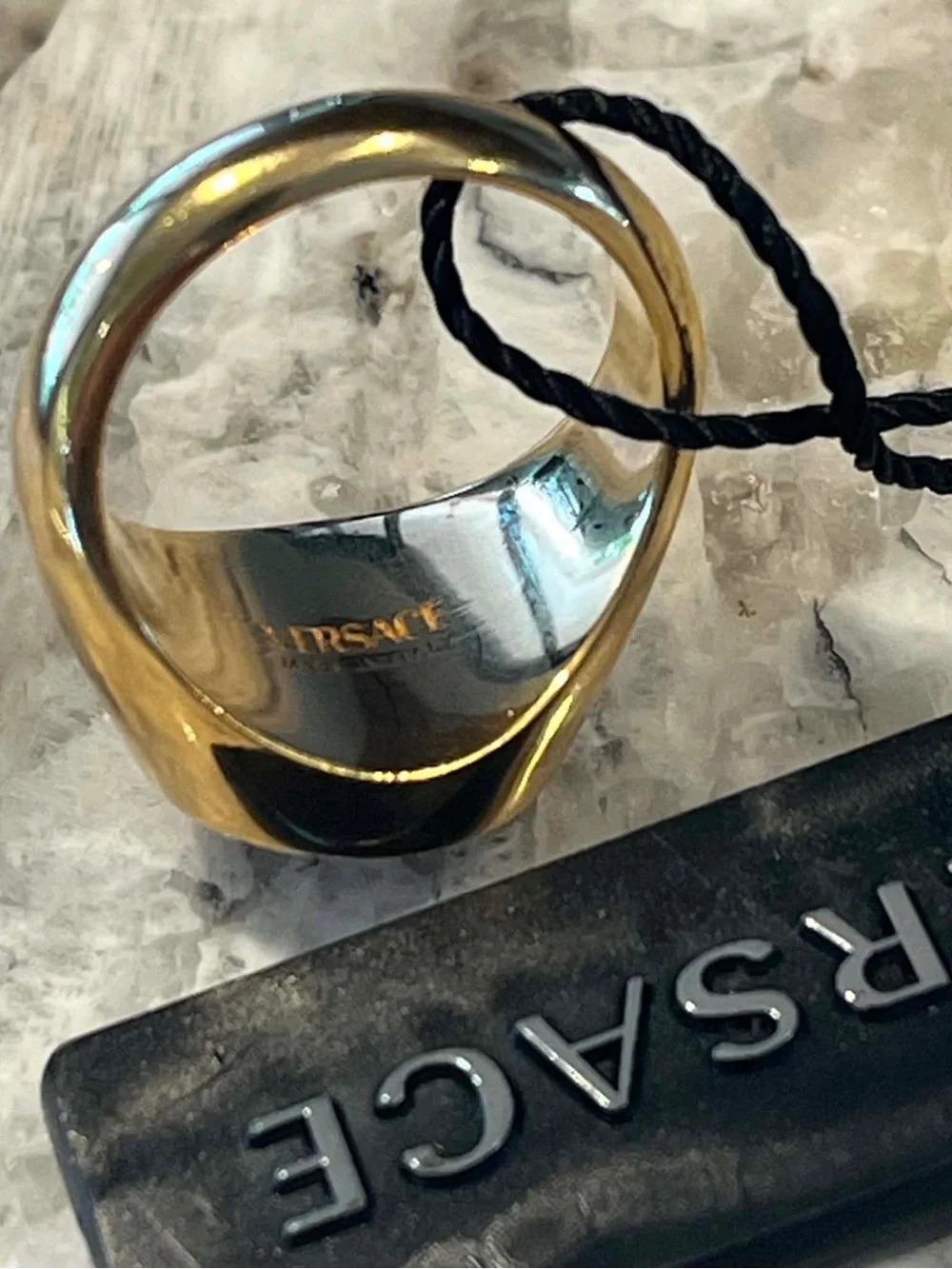 Versace Gold Medusa Signet Ring with Black Center